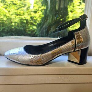 Pierre Hardy Belle Striped Metallic Snakeskin Pumps In Silver, Size 6